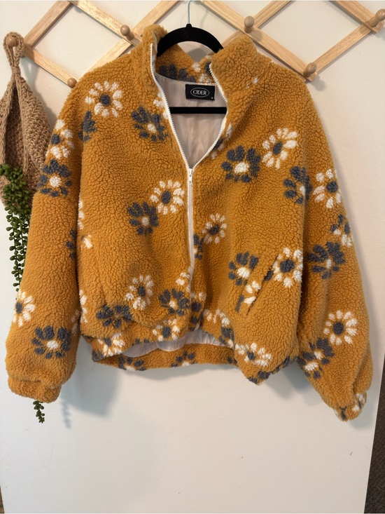 Cider Jackets & Blazers - Cider Floral Sherpa Fleece Zip Up Jacket Medium Mustard Yellow